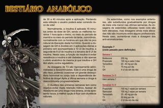 de 30 a 40 minutos após a aplicação. Perdendo
esta refeição o usuário poderá estar correndo ris-
co de vida!
Normalmente, a insulina é aplicada 15 minu-
tos antes da dose de GH, sendo os melhores ho-
rários 1 hora após o treino, no meio do período da
manhã e no meio do período da tarde, coincidindo,
normalmente com os horários em que não há pico
natural de liberação deste hormônio. Quando a do-
sagem de GH é dividida em 3 aplicações diárias a
primeira vem acompanhada e 10 UI de insulina, a
segunda de 8 UI de insulina e a terceira de 6 UI de
insulina. Nesta caso, a função da insulina é evitar
resistência a insulina e até diabetes e não apenas
o efeito anabólico da mesma já que insulina e GH
têm efeito contra regulatório.
As dosagens de T3 são rigorosamente admi-
nistradas e descontinuadas. Este é uma droga de
alto risco, podendo ocasionar um grande desequi-
líbrio hormonal no corpo todo e dependência de-
ﬁnitiva da droga! Após a última semana a droga é
descontimuada progressivamente.
O diurético das primeiras semanas tem como
objetivo evitar muita retenção hídrica. Apesar do
Aldactone ser uma droga mais amena, ainda apre-
senta riscos; a melhor opção é ﬁcar com diuréticos
naturais.
Os esteróides, como nos exemplos anterio-
res, são substituídos gradualmente por drogas
de meia vida menor nas últimas semanas. As do-
sagens de esteróides utilizadas neste ciclo são
bem elevadas; mas dosagens ainda mais eleva-
das não são incomuns entre alguns proﬁssionais.
Neste caso, aumenta-se mais a dosagem dos
anti-aromatizantes.
Exemplo 7
(ciclo pesado para deﬁnição)
Semana 1
Boldenone 200 mg
Propionato 100 mg a cada 2 dias
Tamoxifeno 20 - 40 mg por dia
T3 75 mcg por dia
GH 4 UI dia sim dia não
Semanas 2 e 3
Idem semana 1
Semanas 4 e 5
Propionato 100 mg 3 vezes por semana
Stanozolol 100 mg 3 vezes por semana
Tamoxinefo 20 - 40 mg por dia
T3 50 mcg por dia
GH 2 UI dia sim dia não
 