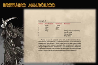 Exemplo 1
Semana Deca durabolin Durateston Stanozolol
1 200mg 1.000mg
2 150mg 750mg
3 100mg 500mg
4 50mg 100mg / 2dias (a cada 2 dias)
6 100 mg / 2dias
7 100 mg / 2 dias
8 50mg / 2 dias
Pensa-se que em um ciclo como este, as doses iniciais do es-
teróide mais androgênicos (Durateston) “tornaria” os receptores ce-
lulares mais ávidos para a droga mais fraca, no caso o stanozolol,
a qual aproveitaria a super regulação dos receptores. O objetivo é
chegar ao ﬁnal da série mais denso e não inﬂado como uma bolha.
O acompanhamento com o citrato de tamoxifeno é observado para
evitar o pronunciamento dos indesejáveis efeitos colaterais.
 