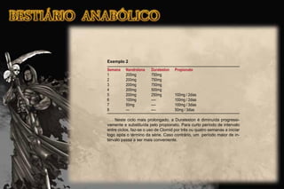 Exemplo 2
Semana Nandrolona Durateston Propionato
1 200mg 750mg
2 200mg 750mg
3 200mg 750mg
4 200mg 500mg
5 200mg 250mg 100mg / 2dias
6 100mg ---- 100mg / 2dias
7 50mg ---- 100mg / 3dias
8 --- ---- 50mg / 3dias
Neste ciclo mais prolongado, a Durateston é diminuída progressi-
vamente e substituída pelo propionato. Para curto período de intervalo
entre ciclos, faz-se o uso de Clomid por três ou quatro semanas a iniciar
logo após o término da série. Caso contrário, um período maior de in-
tervalo passa a ser mais conveniente.
 