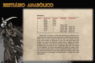 Exemplo 3
Semana Nandrolona Cipionato Propionato Oximetolona
1 200mg 600mg
2 200mg 600mg
3 200mg 400mg
4 200mg 400mg 100mg / 2dias
5 100mg ---- 100mg / 2dias 100mg / dia
6 100 mg ---- 100mg / 2dias 100mg / dia
7 50 mg --- 100mg / 3dias 100mg / dia
8 ---- ---- 50mg / 3dias 50mg / dia
Neste ciclo, a dosagem inicial mais elevada de cipionato é pro-
gressivamente substituída pelo proprionato e pela oral oximetolona.
Neste caso, as orais entram no ﬁnal do ciclo, ao contrário de que
muita gente realiza ao aplicá-las no início do ciclo para obter uma
reação mais rápida inicialmente. Neste caso, o objetivo é manter
o efeito anabólico mais estável durante o ciclo. Observem que a
oximetolona é administrada por 4 semanas, não mais, em função
de sua toxidade. Se fosse administrada no início do mesmo ciclo,
provocaria uma sobrecarga maior ao fígado em função do cipionato,
que apesar de injetável, é uma das drogas mais tóxicas. Quem usa
muito cipionato, normalmente, apresenta pele e o branco dos olhos
amarelados.
 