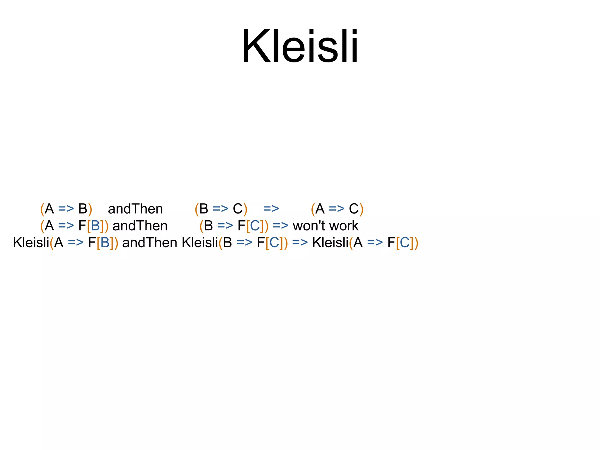 Kleisli
(A => B) andThen (B => C) => (A => C)
(A => F[B]) andThen (B => F[C]) => won't work
Kleisli(A => F[B]) andThen Kleisli(B => F[C]) => Kleisli(A => F[C])
 