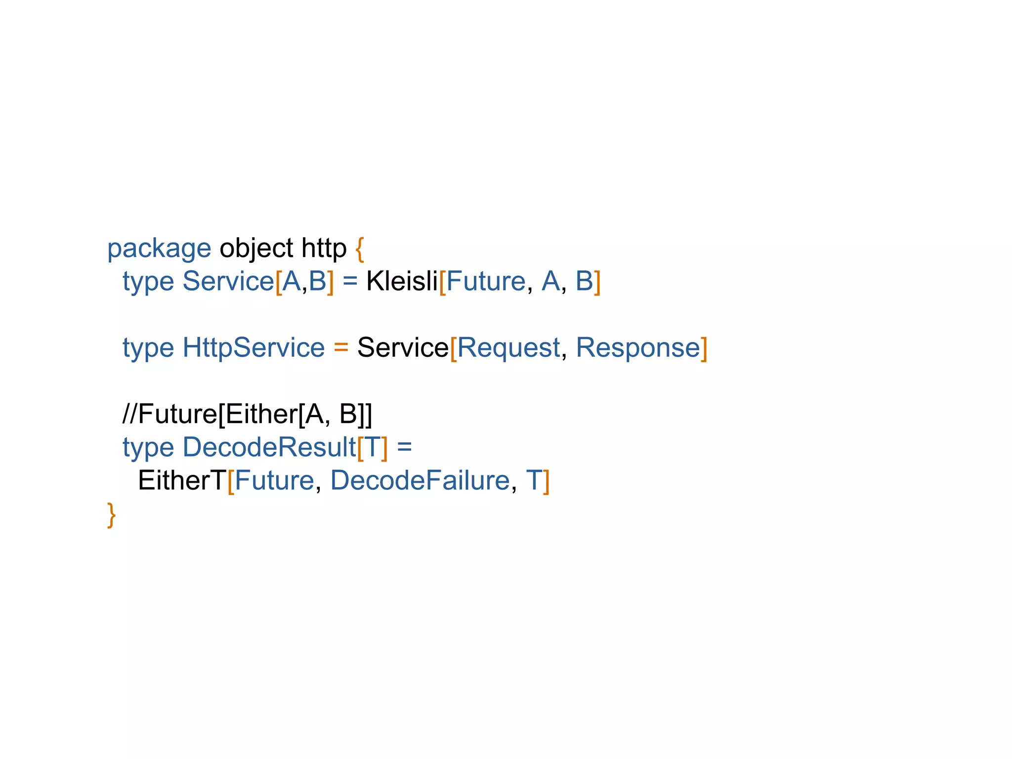 package object http {
type Service[A,B] = Kleisli[Future, A, B]
type HttpService = Service[Request, Response]
//Future[Either[A, B]]
type DecodeResult[T] =
EitherT[Future, DecodeFailure, T]
}
 