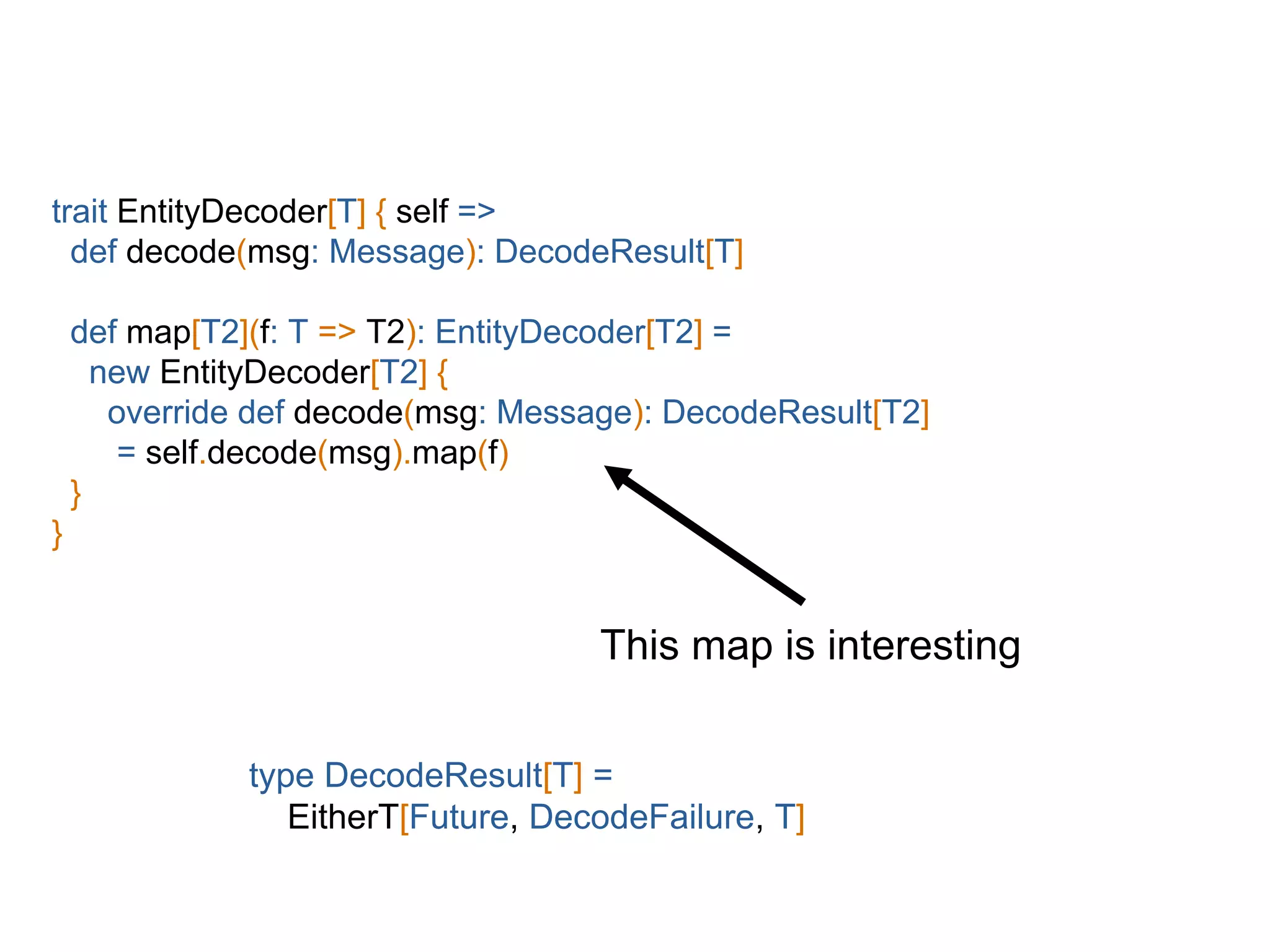 trait EntityDecoder[T] { self =>
def decode(msg: Message): DecodeResult[T]
def map[T2](f: T => T2): EntityDecoder[T2] =
new EntityDecoder[T2] {
override def decode(msg: Message): DecodeResult[T2]
= self.decode(msg).map(f)
}
}
type DecodeResult[T] =
EitherT[Future, DecodeFailure, T]
This map is interesting
 