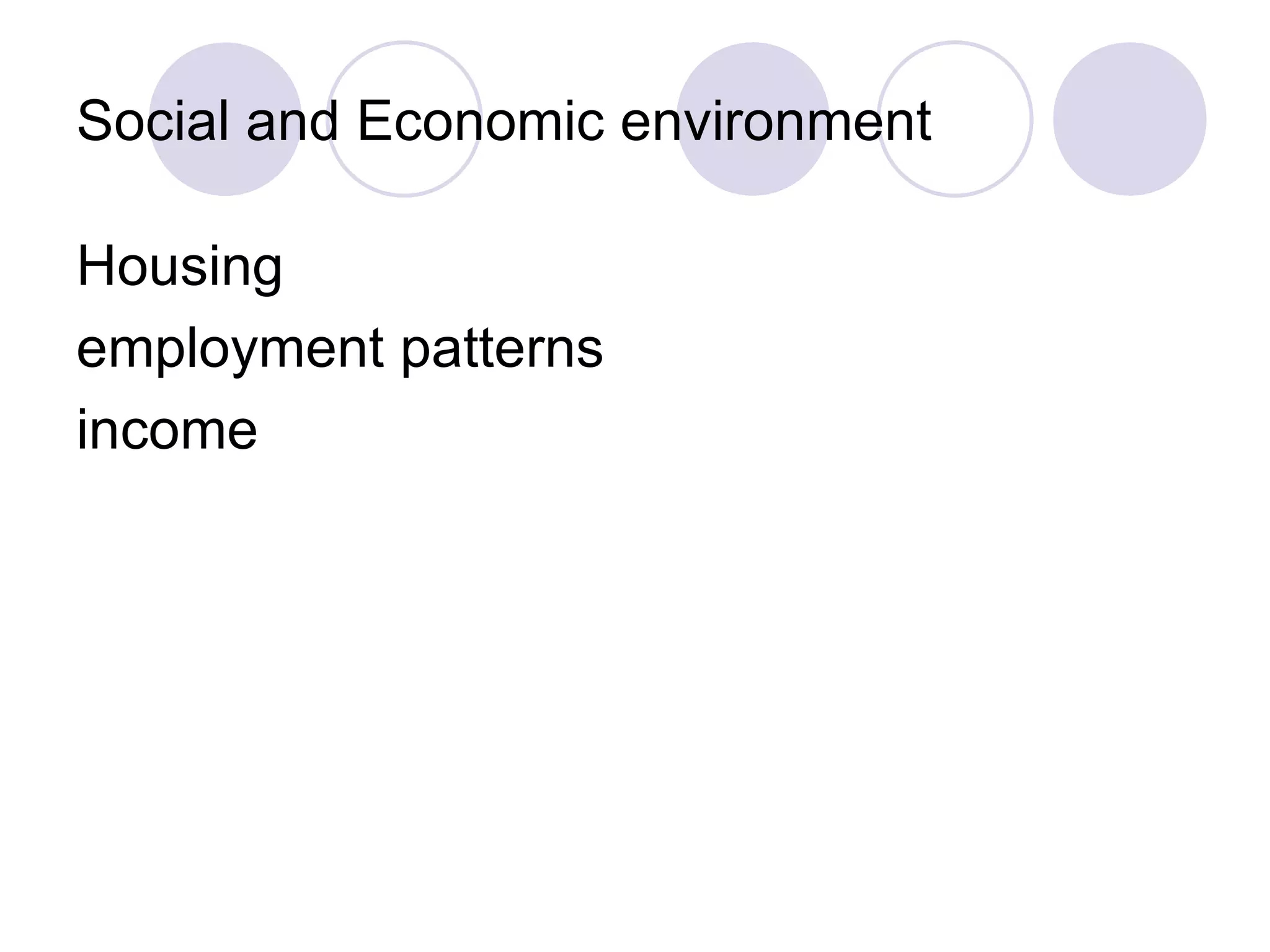 Social and Economic environment

Housing
employment patterns
income
 