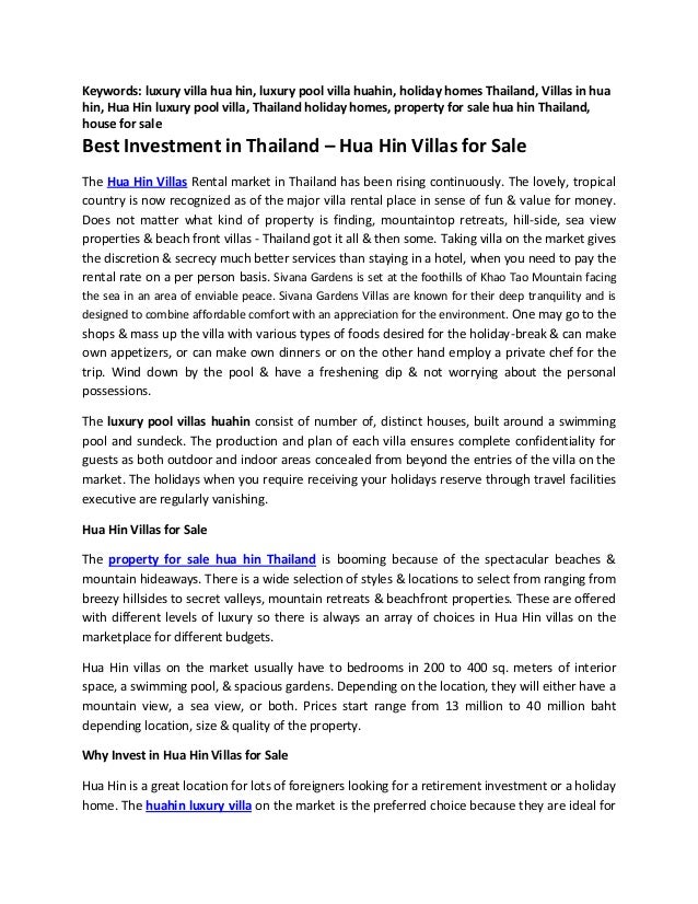 Best Investment In Thailand Hua Hin Villas For Sale -