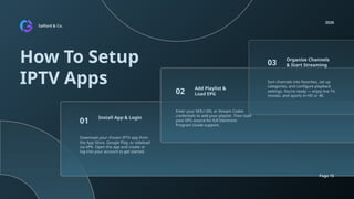 Salford & Co.
2026
Page 15
How To Setup
IPTV Apps
Download your chosen IPTV app from
the App Store, Google Play, or sideload
via APK. Open the app and create or
log into your account to get started.
Enter your M3U URL or Xtream Codes
credentials to add your playlist. Then load
your EPG source for full Electronic
Program Guide support.
Sort channels into favorites, set up
categories, and configure playback
settings. You're ready — enjoy live TV,
movies, and sports in HD or 4K.
Organize Channels
& Start Streaming
Add Playlist &
Load EPG
02
01
03
Install App & Login
 