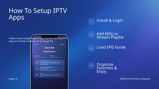 Page 15 Salford AI Startup Company
How To Setup IPTV
Apps
Follow these simple steps to get started with any IPTV
app on Firestick, Android TV or Smart TV.
Install & Login
Add M3U or
Xtream Playlist
Load EPG Guide
Organize
Favorites &
Enjoy
01
02
03
04
 