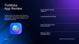 Page 06 Salford AI Startup Company
TiviMate
App Review
TiviMate is the most popular IPTV player for
Firestick, offering a premium experience with
multi-playlist support, EPG integration, and
scheduled recordings.
Multi-Playlist & EPG
Support
Scheduled Recordings
User-Friendly & Fast
Performance
Rating: 4.8/5 —
Firestick Only
 