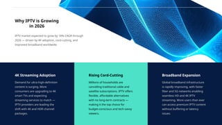 Why IPTV is Growing
in 2026
4K Streaming Adoption
Demand for ultra-high-definition
content is surging. More
consumers are upgrading to 4K
smart TVs and expecting
streaming services to match —
IPTV providers are leading the
shift with 4K and HDR channel
packages.
IPTV market expected to grow by 18% CAGR through
2026 — driven by 4K adoption, cord-cutting, and
improved broadband worldwide.
Rising Cord-Cutting
Millions of households are
cancelling traditional cable and
satellite subscriptions. IPTV offers
flexible, affordable alternatives
with no long-term contracts —
making it the top choice for
budget-conscious and tech-savvy
viewers.
Broadband Expansion
Global broadband infrastructure
is rapidly improving, with faster
fiber and 5G networks enabling
seamless HD and 4K IPTV
streaming. More users than ever
can access premium IPTV content
without buffering or latency
issues.
 