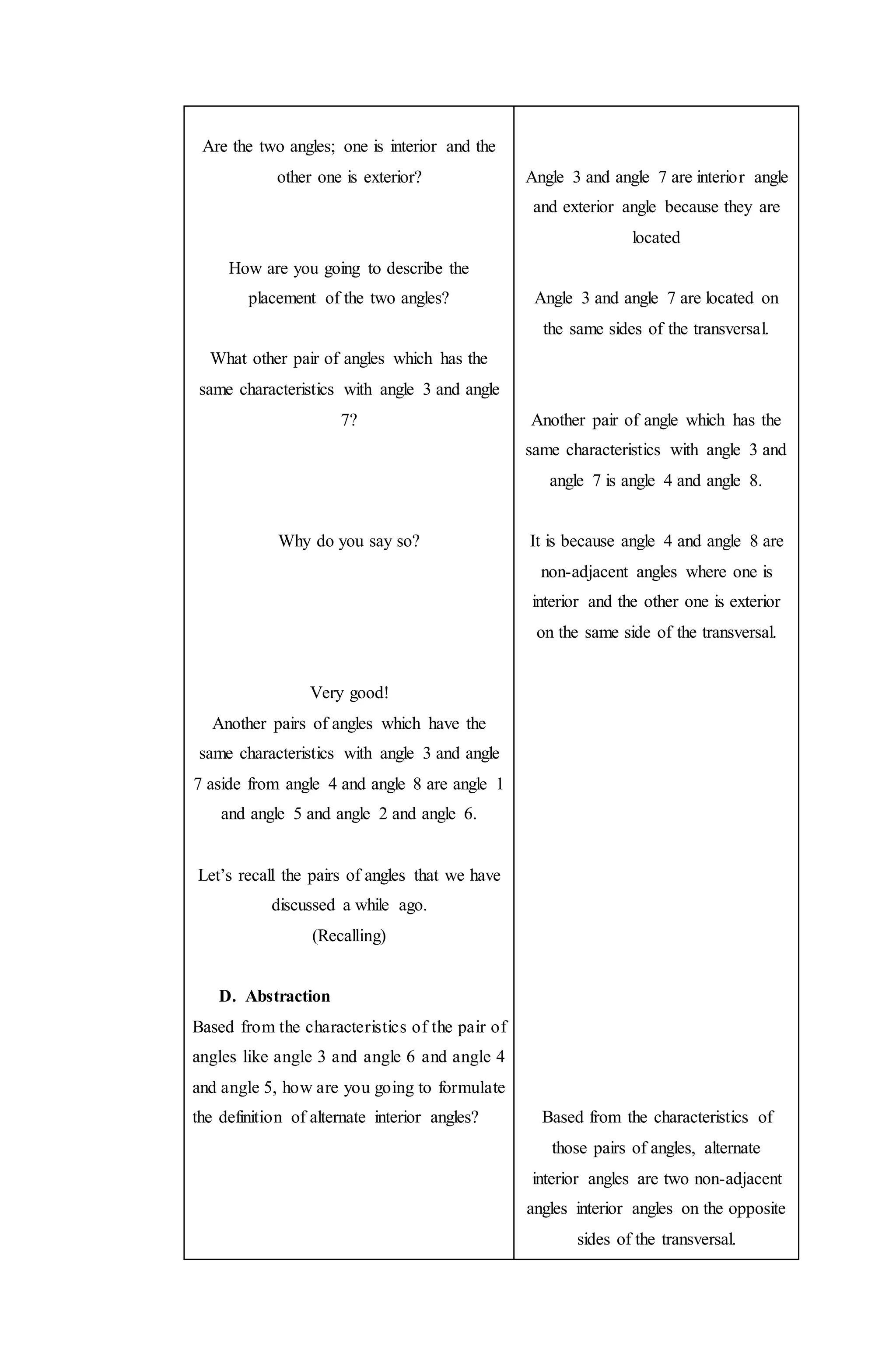 Are the two angles; one is interior and the
other one is exterior?
How are you going to describe the
placement of the two angles?
What other pair of angles which has the
same characteristics with angle 3 and angle
7?
Why do you say so?
Very good!
Another pairs of angles which have the
same characteristics with angle 3 and angle
7 aside from angle 4 and angle 8 are angle 1
and angle 5 and angle 2 and angle 6.
Let’s recall the pairs of angles that we have
discussed a while ago.
(Recalling)
D. Abstraction
Based from the characteristics of the pair of
angles like angle 3 and angle 6 and angle 4
and angle 5, how are you going to formulate
the definition of alternate interior angles?
Angle 3 and angle 7 are interior angle
and exterior angle because they are
located
Angle 3 and angle 7 are located on
the same sides of the transversal.
Another pair of angle which has the
same characteristics with angle 3 and
angle 7 is angle 4 and angle 8.
It is because angle 4 and angle 8 are
non-adjacent angles where one is
interior and the other one is exterior
on the same side of the transversal.
Based from the characteristics of
those pairs of angles, alternate
interior angles are two non-adjacent
angles interior angles on the opposite
sides of the transversal.
 