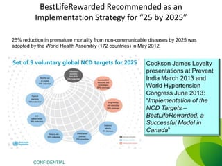BestLifeRewarded Recommended as an
Implementation Strategy for “25 by 2025”
25% reduction in premature mortality from non-communicable diseases by 2025 was
adopted by the World Health Assembly (172 countries) in May 2012.

CONFIDENTIAL

 