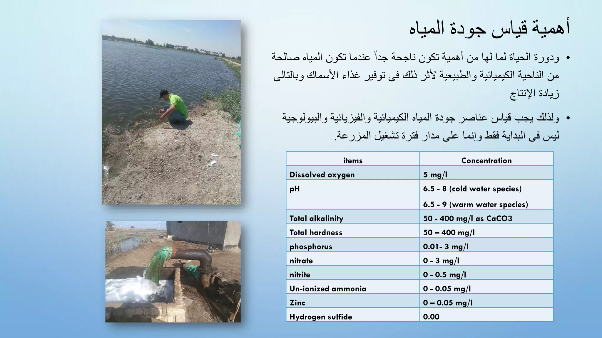 ‫المياه‬ ‫جودة‬ ‫قياس‬ ‫أهمية‬
•
‫المياه‬ ‫تكون‬ ‫عندما‬ ً‫ا‬‫جد‬ ‫ناجحة‬ ‫تكون‬ ‫أهمية‬ ‫من‬ ‫لها‬ ‫لما‬ ‫الحياة‬ ‫ودورة‬
‫صا‬
‫لحة‬
‫األس‬ ‫غذاء‬ ‫توفير‬ ‫فى‬ ‫ذلك‬ ‫ألثر‬ ‫والطبيعية‬ ‫الكيميائية‬ ‫الناحية‬ ‫من‬
‫و‬ ‫ماك‬
‫بالتالى‬
‫اإلنتاج‬ ‫زيادة‬
•
‫وا‬ ‫والفيزيائية‬ ‫الكيميائية‬ ‫المياه‬ ‫جودة‬ ‫عناصر‬ ‫قياس‬ ‫يجب‬ ‫ولذلك‬
‫لبيولو‬
‫جية‬
‫المزرعة‬ ‫تشغيل‬ ‫فترة‬ ‫مدار‬ ‫على‬ ‫وإنما‬ ‫فقط‬ ‫البداية‬ ‫فى‬ ‫ليس‬
.
9/24/2023
Concentration
items
5 mg/l
Dissolved oxygen
6.5 - 8 (cold water species)
6.5 - 9 (warm water species)
pH
50 - 400 mg/l as CaCO3
Total alkalinity
50 – 400 mg/l
Total hardness
0.01- 3 mg/l
phosphorus
0 - 3 mg/l
nitrate
0 - 0.5 mg/l
nitrite
0 - 0.05 mg/l
Un-ionized ammonia
0 – 0.05 mg/l
Zinc
0.00
Hydrogen sulfide
 