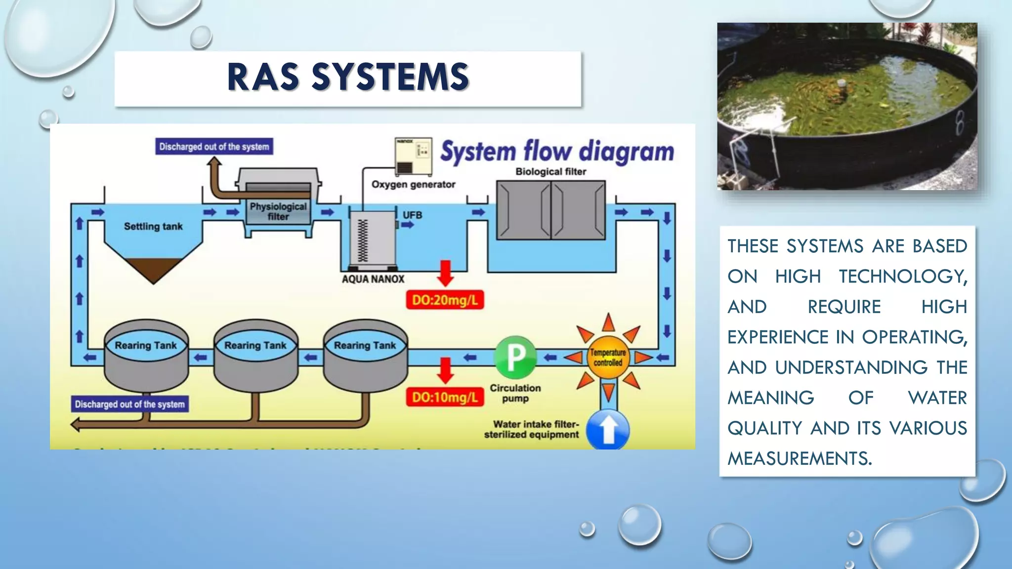 RAS SYSTEMS
THESE SYSTEMS ARE BASED
ON HIGH TECHNOLOGY,
AND REQUIRE HIGH
EXPERIENCE IN OPERATING,
AND UNDERSTANDING THE
MEANING OF WATER
QUALITY AND ITS VARIOUS
MEASUREMENTS.
 