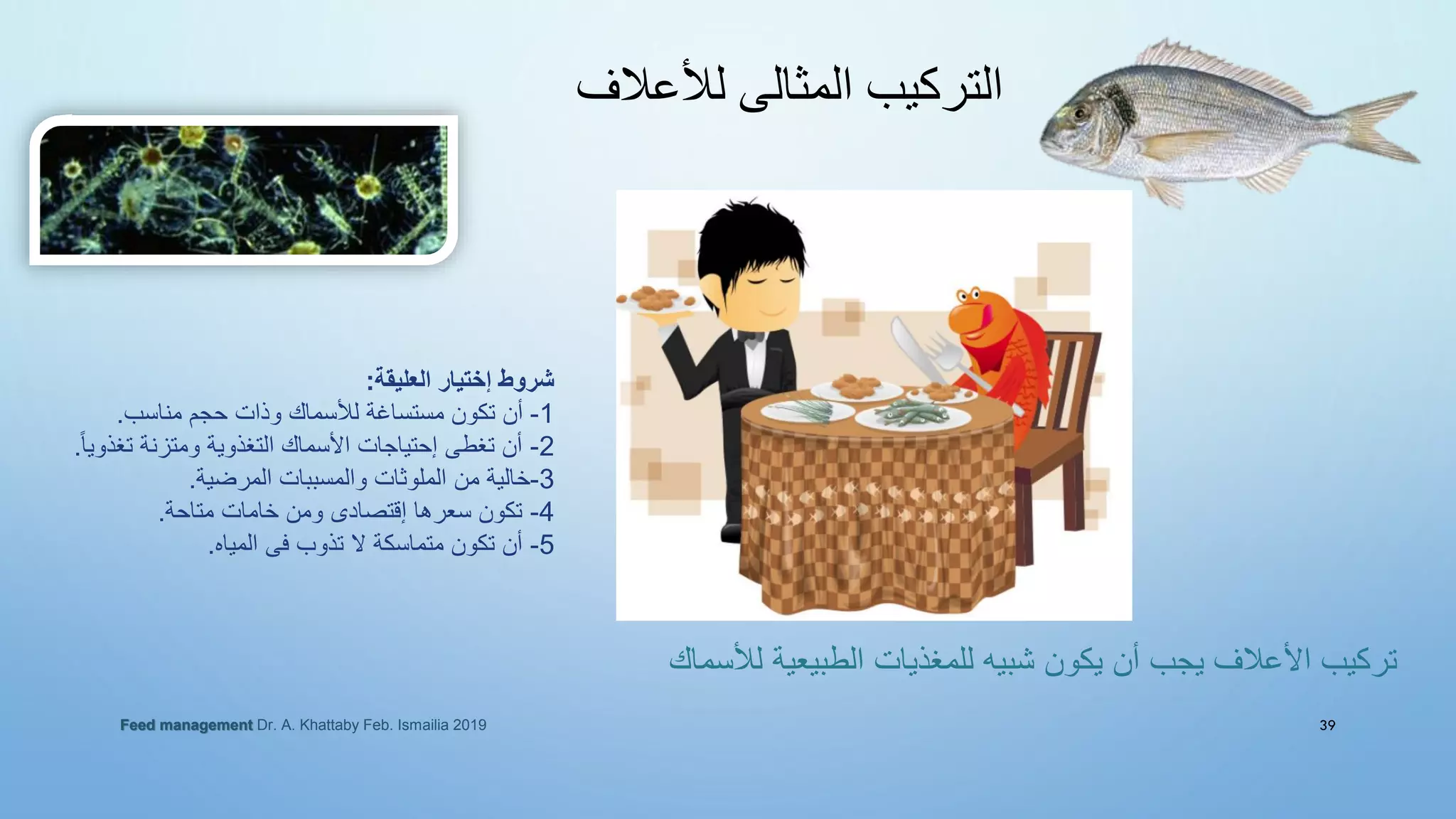 ‫لألعالف‬ ‫المثالى‬ ‫التركيب‬
‫لألسماك‬ ‫الطبيعية‬ ‫للمغذيات‬ ‫شبيه‬ ‫يكون‬ ‫أن‬ ‫يجب‬ ‫األعالف‬ ‫تركيب‬
Feed management Dr. A. Khattaby Feb. Ismailia 2019 39
‫العليقة‬ ‫إختيار‬ ‫شروط‬
:
1
-
‫مناسب‬ ‫حجم‬ ‫وذات‬ ‫لألسماك‬ ‫مستساغة‬ ‫تكون‬ ‫أن‬
.
2
-
‫تغذوي‬ ‫ومتزنة‬ ‫التغذوية‬ ‫األسماك‬ ‫إحتياجات‬ ‫تغطى‬ ‫أن‬
ً‫ا‬
.
3
-
‫المرضية‬ ‫والمسببات‬ ‫الملوثات‬ ‫من‬ ‫خالية‬
.
4
-
‫متاحة‬ ‫خامات‬ ‫ومن‬ ‫إقتصادى‬ ‫سعرها‬ ‫تكون‬
.
5
-
‫المياه‬ ‫فى‬ ‫تذوب‬ ‫ال‬ ‫متماسكة‬ ‫تكون‬ ‫أن‬
.
 