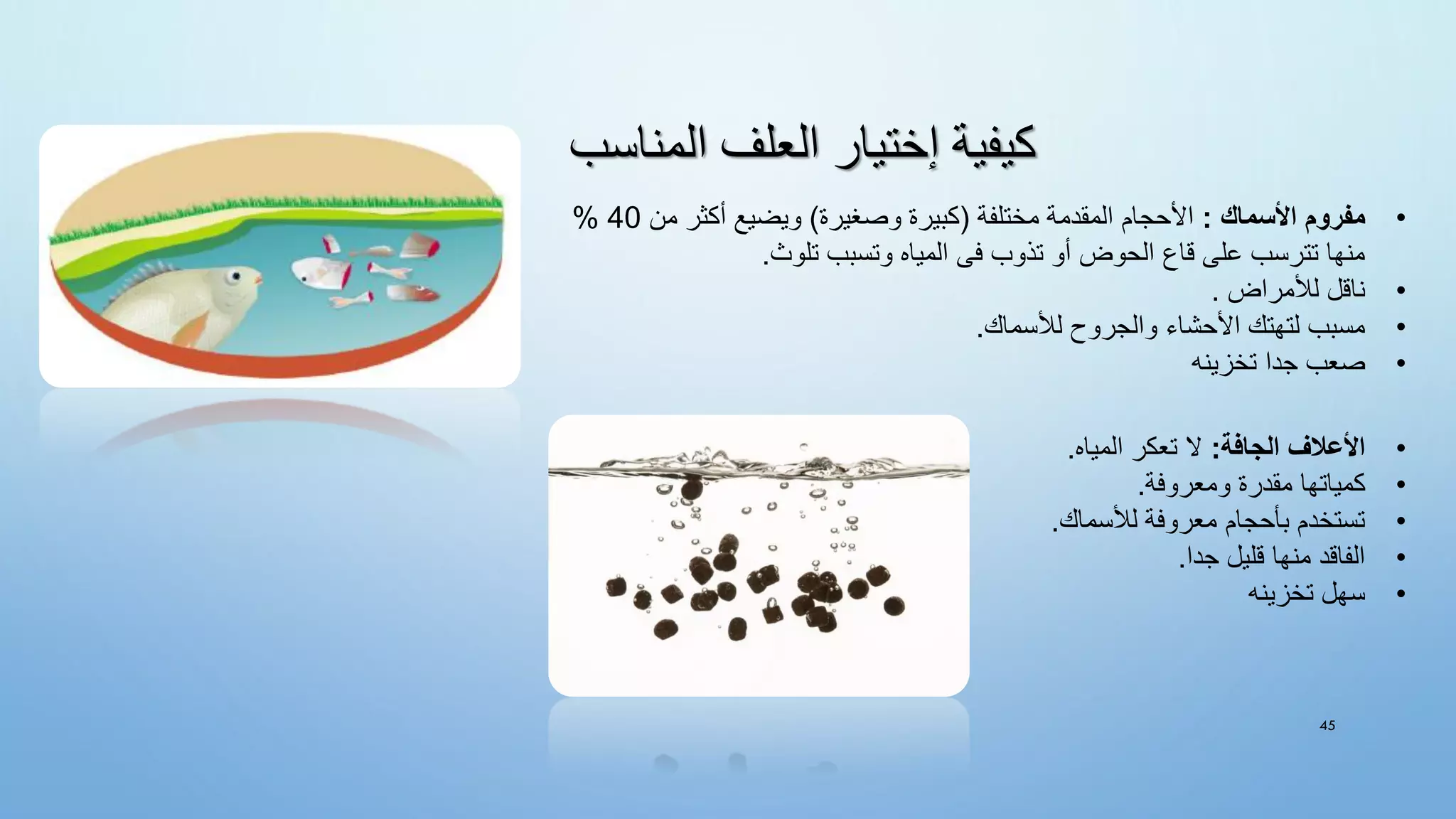 ‫المناسب‬ ‫العلف‬ ‫إختيار‬ ‫كيفية‬
45
•
‫األسماك‬ ‫مفروم‬
:
‫مختلفة‬ ‫المقدمة‬ ‫األحجام‬
(
‫وصغيرة‬ ‫كبيرة‬
)
‫من‬ ‫أكثر‬ ‫ويضيع‬
40
%
‫تلوث‬ ‫وتسبب‬ ‫المياه‬ ‫فى‬ ‫تذوب‬ ‫أو‬ ‫الحوض‬ ‫قاع‬ ‫على‬ ‫تترسب‬ ‫منها‬
.
•
‫لألمراض‬ ‫ناقل‬
.
•
‫لألسماك‬ ‫والجروح‬ ‫األحشاء‬ ‫لتهتك‬ ‫مسبب‬
.
•
‫تخزينه‬ ‫جدا‬ ‫صعب‬
•
‫الجافة‬ ‫األعالف‬
:
‫المياه‬ ‫تعكر‬ ‫ال‬
.
•
‫ومعروفة‬ ‫مقدرة‬ ‫كمياتها‬
.
•
‫لألسماك‬ ‫معروفة‬ ‫بأحجام‬ ‫تستخدم‬
.
•
‫جدا‬ ‫قليل‬ ‫منها‬ ‫الفاقد‬
.
•
‫تخزينه‬ ‫سهل‬
 