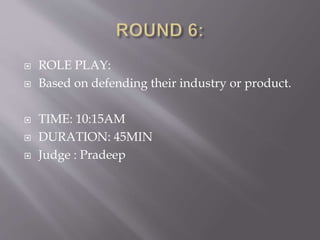  ROLE PLAY:
 Based on defending their industry or product.
 TIME: 10:15AM
 DURATION: 45MIN
 Judge : Pradeep
 