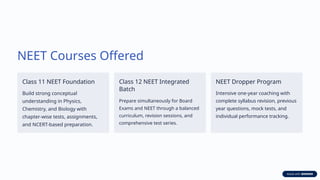 NEET Courses Offered
Class 11 NEET Foundation
Build strong conceptual
understanding in Physics,
Chemistry, and Biology with
chapter-wise tests, assignments,
and NCERT-based preparation.
Class 12 NEET Integrated
Batch
Prepare simultaneously for Board
Exams and NEET through a balanced
curriculum, revision sessions, and
comprehensive test series.
NEET Dropper Program
Intensive one-year coaching with
complete syllabus revision, previous
year questions, mock tests, and
individual performance tracking.
 