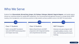 Who We Serve
Students from Dharamshala, McLeod Ganj, Kangra, Yol, Shahpur, Palampur, Baijnath, Nagrota Bagwan, and nearby regions
choose our coaching institute for quality NEET preparation. Our structured learning approach focuses on concept clarity, NCERT
mastery, time management, and continuous practice to help students achieve excellent scores in the NEET UG examination.
Class 11 Students
Build a strong NEET foundation
early with NCERT-based preparation
and chapter-wise tests.
Class 12 Students
Balance Board Exams and NEET
preparation with integrated batches
and comprehensive test series.
NEET Droppers
Intensive one-year program with
complete syllabus revision, mock
tests, and individual performance
tracking.
 
