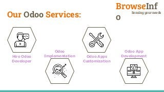 Our Odoo Services:
Hire Odoo
Developer
Odoo App
DevelopmentOdoo Apps
Customization
Odoo
Implementation
Sensing your needs
BrowseInf
o
 