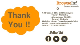Thank
You !!
BrowseInf
o
Sensing your needs
Address: A-310, Siddhivinayak
Tower, Makarba,
Ahmedabad 380051
Gujarat GJ,India
Website: https://www.browseinfo.in/
Email: contact@browseinfo.in
Contact: 079-29700001
Follow Us!
 