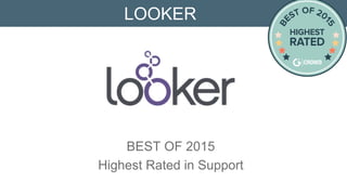 G2 CROWD BEST OF 2015
Highest Rated Support
LOOKER
Looker supports a discovery-driven culture throughout the organization; its web-
based data discovery platform provides the power and finesse required by data
analysts while empowering business users throughout the organization to find
their own answers.
 