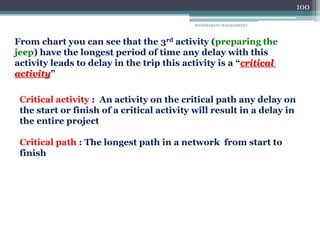 ENGINEERING MANAGEMENT
100
From chart you can see that the 3rd activity (preparing the
jeep) have the longest period of time any delay with this
activity leads to delay in the trip this activity is a “critical
activity”
Critical activity : An activity on the critical path any delay on
the start or finish of a critical activity will result in a delay in
the entire project
Critical path : The longest path in a network from start to
finish
 