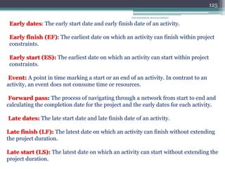 ENGINEERING MANAGEMENT
125
Early dates: The early start date and early finish date of an activity.
Early finish (EF): The earliest date on which an activity can finish within project
constraints.
Early start (ES): The earliest date on which an activity can start within project
constraints.
Event: A point in time marking a start or an end of an activity. In contrast to an
activity, an event does not consume time or resources.
Forward pass: The process of navigating through a network from start to end and
calculating the completion date for the project and the early dates for each activity.
Late dates: The late start date and late finish date of an activity.
Late finish (LF): The latest date on which an activity can finish without extending
the project duration.
Late start (LS): The latest date on which an activity can start without extending the
project duration.
 
