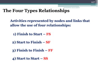 ENGINEERING MANAGEMENT
127
The Four Types Relationships
Activities represented by nodes and links that
allow the use of four relationships:
1) Finish to Start – FS
2) Start to Finish – SF
3) Finish to Finish – FF
4) Start to Start – SS
 