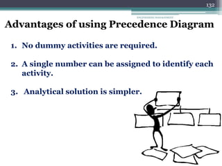 ENGINEERING MANAGEMENT
132
Advantages of using Precedence Diagram
1. No dummy activities are required.
2. A single number can be assigned to identify each
activity.
3. Analytical solution is simpler.
 
