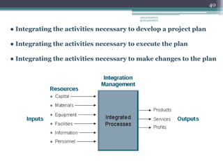 40
● Integrating the activities necessary to develop a project plan
● Integrating the activities necessary to execute the plan
● Integrating the activities necessary to make changes to the plan
ENGINEERING
MANAGEMENT
 