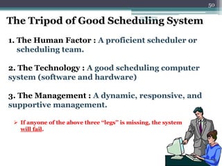 50
The Tripod of Good Scheduling System
1. The Human Factor : A proficient scheduler or
scheduling team.
2. The Technology : A good scheduling computer
system (software and hardware)
3. The Management : A dynamic, responsive, and
supportive management.
 If anyone of the above three ‘‘legs’’ is missing, the system
will fail.
ENGINEERING
MANAGEMENT
 
