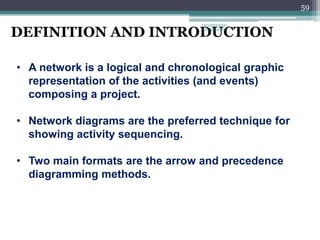 59
DEFINITION AND INTRODUCTION
• A network is a logical and chronological graphic
representation of the activities (and events)
composing a project.
• Network diagrams are the preferred technique for
showing activity sequencing.
• Two main formats are the arrow and precedence
diagramming methods.
ENGINEERING
MANAGEMENT
 