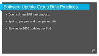 • Don’t split up SUG into products.
• Split up per year and then per month !
• Stay under 1000 updates per SUG
 