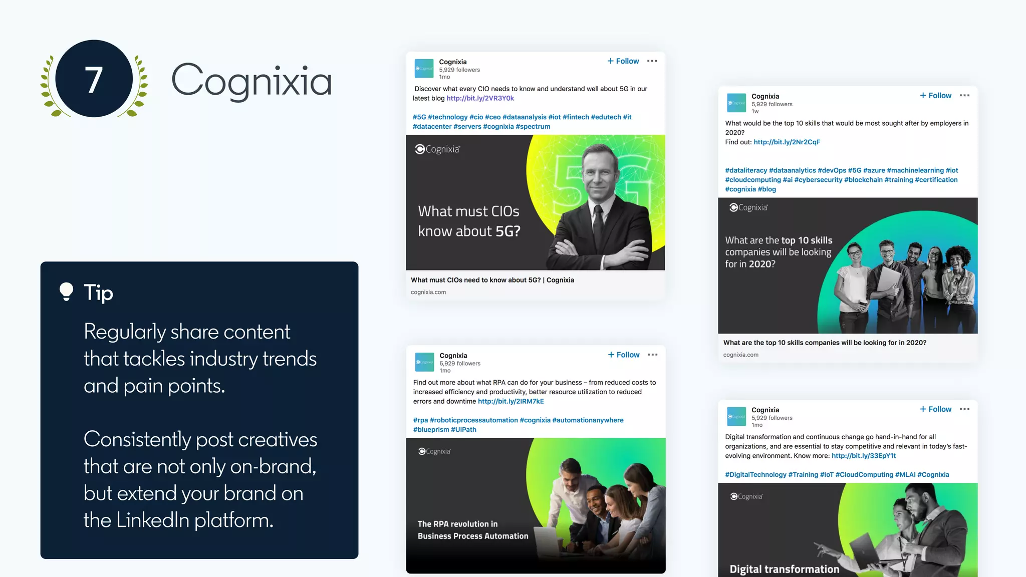 Cognixia7
Tip
Regularly share content
that tackles industry trends
and pain points.
Consistently post creatives
that are not only on-brand,
but extend your brand on
the LinkedIn platform.
 