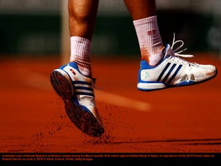 A detailed view of Novak Djokovic of Serbia's shoes during his Men's quarter final match against Rafael Nadal of Spain on day eleven of the 2015 French Open at
Roland Garros on June 3, 2015 in Paris, France. Photo: Getty Images
 