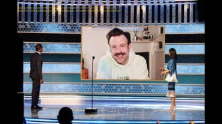 Jason Sudeikis accepts the Best Television Actor - Musical/Comedy Series award for "Ted Lasso," via
video, from Sterling K. Brown and Susan Kelechi Watson. Christopher Polk/NBC Handout via REUTERS
 