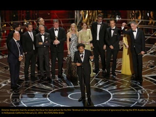 Director Alejandro Inarritu accepts the Oscar for best picture for his film "Birdman or (The Unexpected Virture of Ignoran...