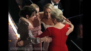 Actresses Sally Hawkins, Saoirse Ronan, Margot Robbie and Meryl Streep embrace
after Frances McDormand's Best Actress acce...