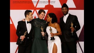 The big winners: Rami Malek (Best Actor), Olivia Colman (Best Actress), Regina King (Best Supporting
Actress) and Mahershala Ali (Best Supporting Actor) in the press room following the ceremony. EPA
 