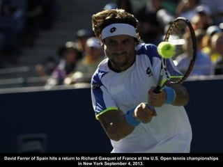 David Ferrer of Spain hits a return to Richard Gasquet of France at the U.S. Open tennis championships
in New York Septemb...