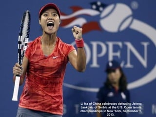 Li Na of China celebrates defeating Jelena
Jankovic of Serbia at the U.S. Open tennis
championships in New York, September...