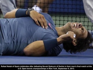 Rafael Nadal of Spain celebrates after defeating Novak Djokovic of Serbia in their men's final match at the
U.S. Open tenn...