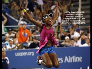 Victoria Duval of the U.S.
celebrates defeating
Samantha Stosur of
Australia at the U.S. Open
tennis championships in
New ...