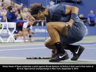 Rafael Nadal of Spain celebrates a point against Novak Djokovic of Serbia in their men's final match at
the U.S. Open tenn...