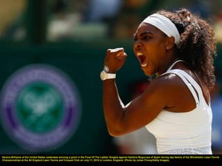 Serena Williams of the United States celebrates winning a point in the Final Of The Ladies' Singles against Garbine Muguruza of Spain during day twelve of the Wimbledon Lawn Tennis
Championships at the All England Lawn Tennis and Croquet Club on July 11, 2015 in London, England. (Photo by Julian Finney/Getty Images)
 