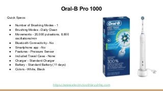 Oral-B Pro 1000
Quick Specs:
● Number of Brushing Modes - 1
● Brushing Modes - Daily Clean
● Movements - 20,000 pulsations...