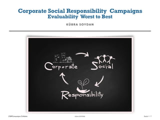 CSRCampaigns Critisim Kübra SOYDAN Sayfa /
1 7
Corporate Social Responsibility Campaigns
Evaluability Worst to Best
KÜBRA SOYDAN
 