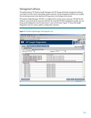 Management software
Throughout testing, HP Systems Insight Manager and HP Storage Essentials management software
was used to monitor server and storage system resources. Using management software can simplify
the monitoring process when dealing with large server and storage environments.
HP Systems Insight Manager, HP SIM, is a helpful tool to monitor server resources. HP SIM has the
ability to view actual server resources real time. By using the HP SIM management console, you can
bring up the Diagnostics view for each server in your environment. Figure 17 shows the Insight
Diagnostics view of a server system’s configuration overview.
Figure 17. HP Systems Insight Manager: Server diagnostics view
24
 