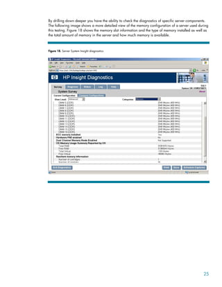 By drilling down deeper you have the ability to check the diagnostics of specific server components.
The following image shows a more detailed view of the memory configuration of a server used during
this testing. Figure 18 shows the memory slot information and the type of memory installed as well as
the total amount of memory in the server and how much memory is available.
Figure 18. Server System Insight diagnostics
25
 