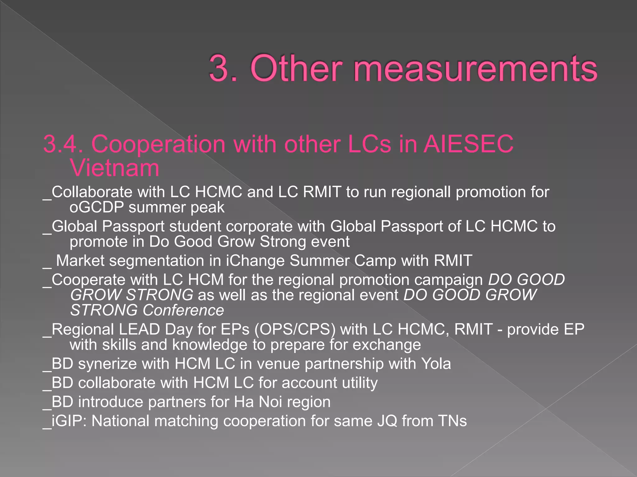 3.4. Cooperation with other LCs in AIESEC
Vietnam
_Collaborate with LC HCMC and LC RMIT to run regionall promotion for
oGCDP summer peak
_Global Passport student corporate with Global Passport of LC HCMC to
promote in Do Good Grow Strong event
_ Market segmentation in iChange Summer Camp with RMIT
_Cooperate with LC HCM for the regional promotion campaign DO
GOOD GROW STRONG as well as the regional event DO GOOD
GROW STRONG Conference
_Regional LEAD Day for EPs (OPS/CPS) with LC HCMC, RMIT - provide EP
with skills and knowledge to prepare for exchange
_BD synerize with HCM LC in venue partnership with Yola
_BD collaborate with HCM LC for account utility
_BD introduce partners for Ha Noi region
_iGIP: National matching cooperation for same JQ from TNs
 